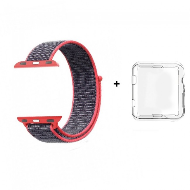 Apple Watch Band 42mm 44mm Fine Woven Nylon Strap with Clear TPU Case - Grey Coral