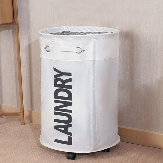 Foldable Cylinder Laundry Basket with 3 wheels - White