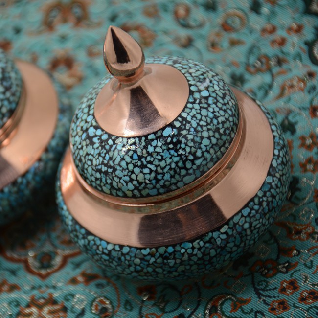 Margoun 7Pcs Turquoise Inlaid Persian Artwork - Candle Stand Plate and Candy Bowls