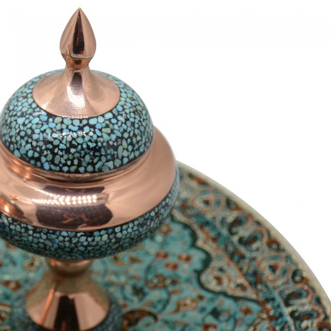 Margoun 7Pcs Turquoise Inlaid Persian Artwork - Candle Stand Plate and Candy Bowls