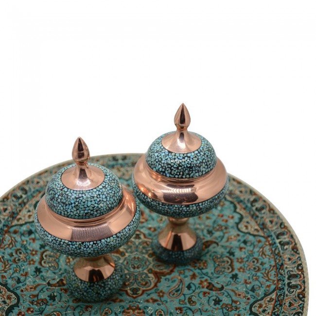 Margoun 7Pcs Turquoise Inlaid Persian Artwork - Candle Stand Plate and Candy Bowls