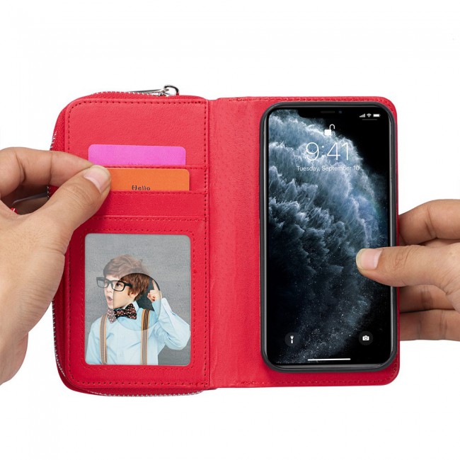 Wallet PU Leather Flip Case for iPhone 12 and 12 Pro - Red
