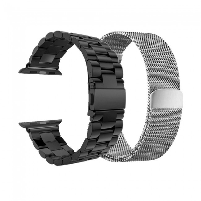 2Pack Apple Watch Band 42-44-45mm Magnetic Milanese and Stainless Steel Buckle Strap by Margoun – Black Silver