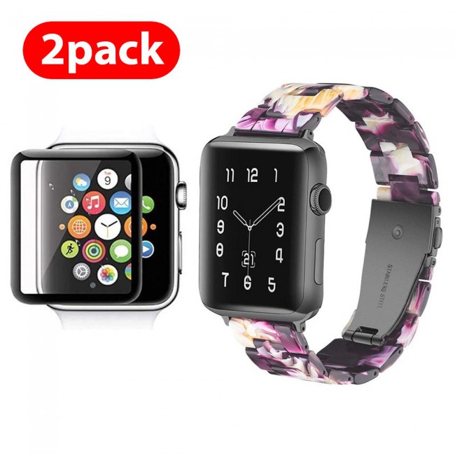 2Pack Apple Watch Band Resin Strap with 3D Screen Protector 44mm by Margoun - Purple Yellow Flower