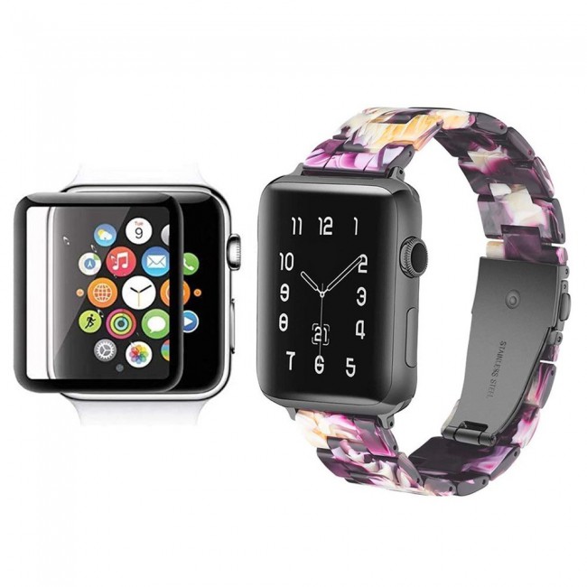 2Pack Apple Watch Band Resin Strap with 3D Screen Protector 44mm by Margoun - Purple Yellow Flower