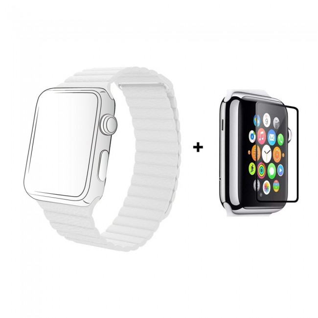Margoun Leather Loop Band with Adjustable Magnetic Closure Along with a Glass Screen Protector for Apple Watch – In 7 Colors – 38/40/42/44mm