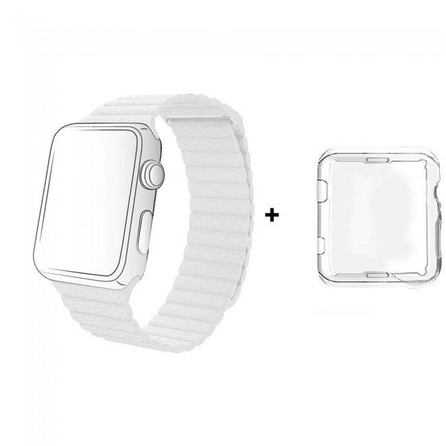 Margoun Leather Loop Apple Watch Band with Adjustable Magnetic Closure in White, Along with a Protective TPU Case - 42/44