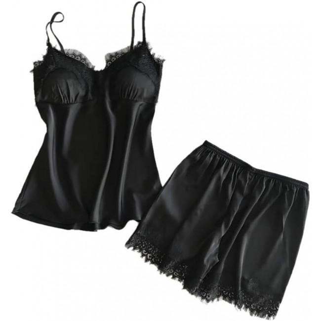 Women Satin Cami Top and Short Set 2-Piece Lingerie Pajama Set Nightwear  Sleepwear Lounge Pjs Set XXL Black