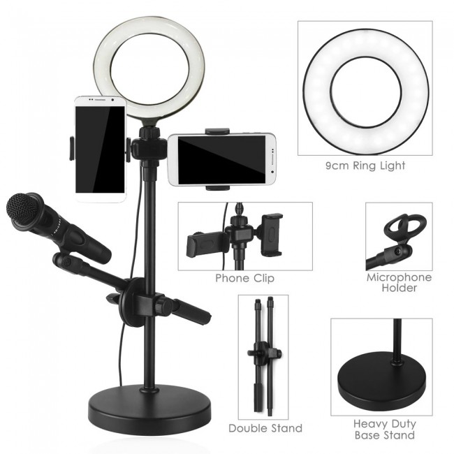 MARGOUN Microphone Holder 4 in 1 with 2 Cell Phone Holder Stand and Microphone Holder and Light for Live Streaming