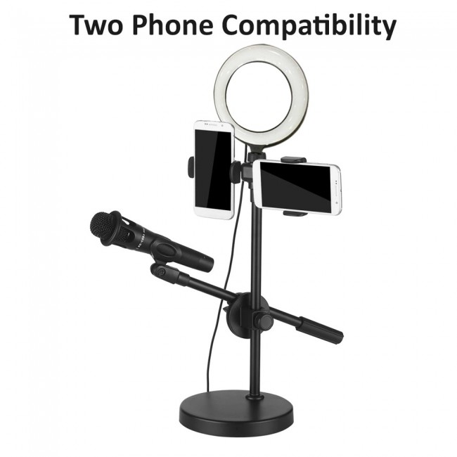 MARGOUN Microphone Holder 4 in 1 with 2 Cell Phone Holder Stand and Microphone Holder and Light for Live Streaming