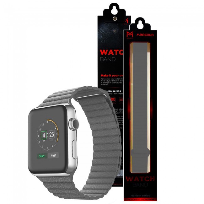 Apple Watch Band 42-44-45mm Leather Loop Strap Henlein Series by Margoun - Grey