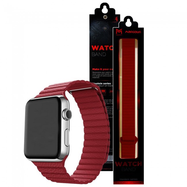 Apple Watch Band 42-44-45mm Leather Loop Strap Henlein Series by Margoun - Maroon Red