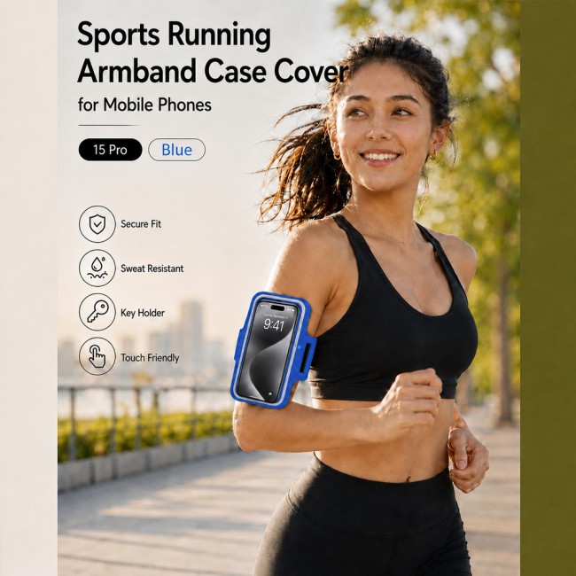 MARGOUN Ultra-Slim Sports Armband Compatible with iPhone 15 Pro  – Sweatproof Running Phone Holder, Exercise Case Pouch for Gym Training, Workouts and Outdoor Cycling - Blue