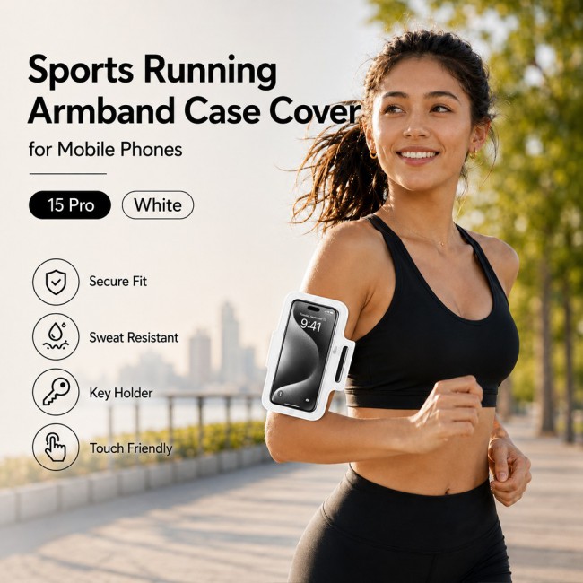 MARGOUN Ultra-Slim Sports Armband Compatible with iPhone 15 Pro  – Sweatproof Running Phone Holder, Exercise Case Pouch for Gym Training, Workouts and Outdoor Cycling - White