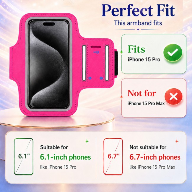 MARGOUN Ultra-Slim Sports Armband Compatible with iPhone 15 Pro  – Sweatproof Running Phone Holder, Exercise Case Pouch for Gym Training, Workouts and Outdoor Cycling - Pink