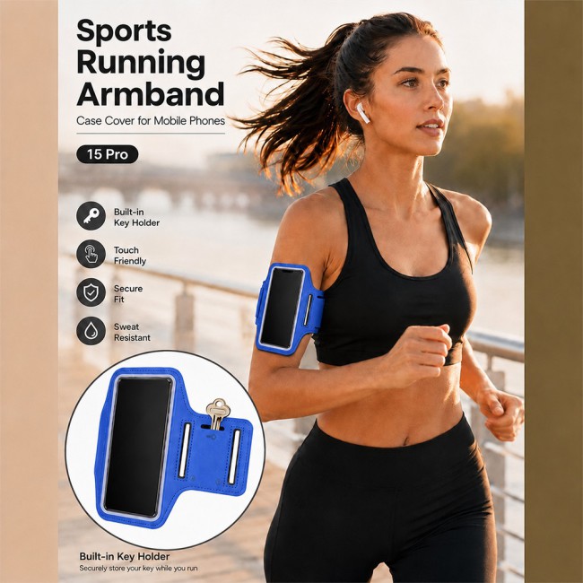 MARGOUN Ultra-Slim Sports Armband Compatible with iPhone 15 Pro  – Sweatproof Running Phone Holder, Exercise Case Pouch for Gym Training, Workouts and Outdoor Cycling - Blue