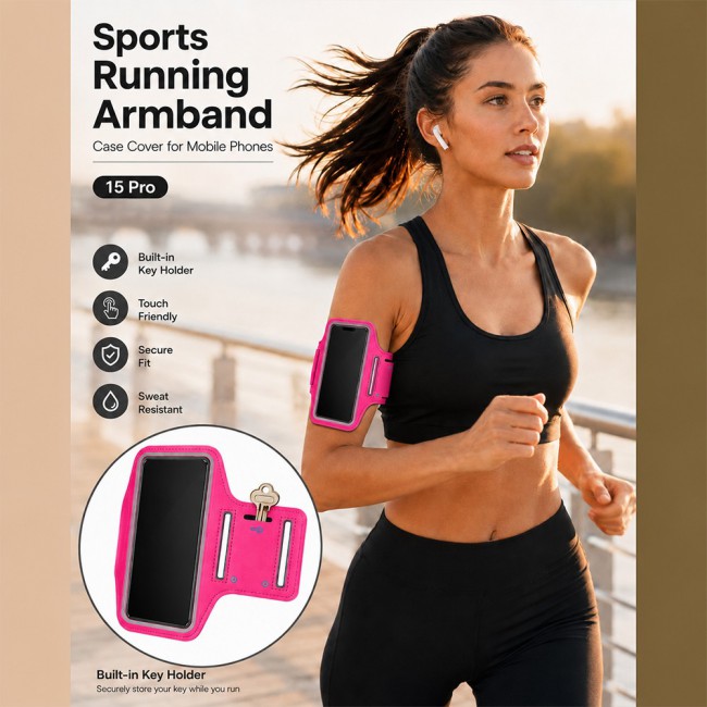 MARGOUN Ultra-Slim Sports Armband Compatible with iPhone 15 Pro  – Sweatproof Running Phone Holder, Exercise Case Pouch for Gym Training, Workouts and Outdoor Cycling - Pink