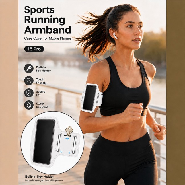 MARGOUN Ultra-Slim Sports Armband Compatible with iPhone 15 Pro  – Sweatproof Running Phone Holder, Exercise Case Pouch for Gym Training, Workouts and Outdoor Cycling - White