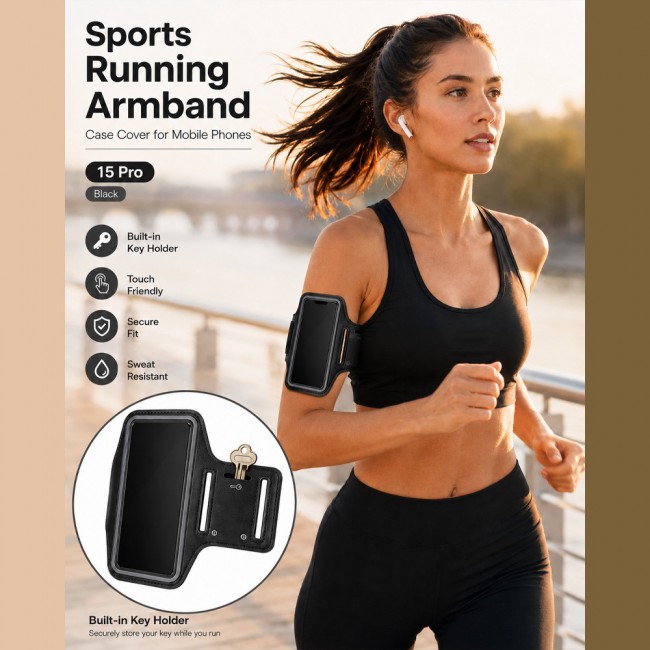 MARGOUN Ultra-Slim Sports Armband Compatible with iPhone 15 Pro  – Sweatproof Running Phone Holder, Exercise Case Pouch for Gym Training, Workouts and Outdoor Cycling - Black