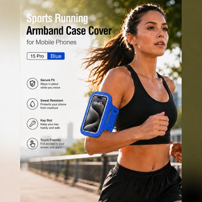 MARGOUN Ultra-Slim Sports Armband Compatible with iPhone 15 Pro  – Sweatproof Running Phone Holder, Exercise Case Pouch for Gym Training, Workouts and Outdoor Cycling - Blue