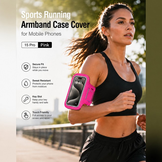 MARGOUN Ultra-Slim Sports Armband Compatible with iPhone 15 Pro  – Sweatproof Running Phone Holder, Exercise Case Pouch for Gym Training, Workouts and Outdoor Cycling - Pink