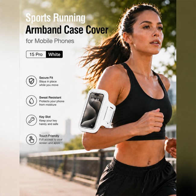 MARGOUN Ultra-Slim Sports Armband Compatible with iPhone 15 Pro  – Sweatproof Running Phone Holder, Exercise Case Pouch for Gym Training, Workouts and Outdoor Cycling - White