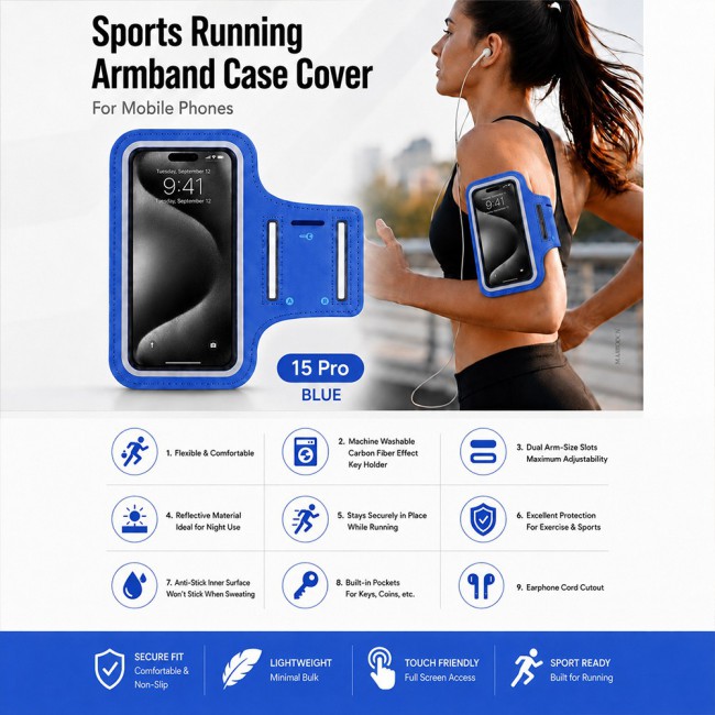 MARGOUN Ultra-Slim Sports Armband Compatible with iPhone 15 Pro  – Sweatproof Running Phone Holder, Exercise Case Pouch for Gym Training, Workouts and Outdoor Cycling - Blue