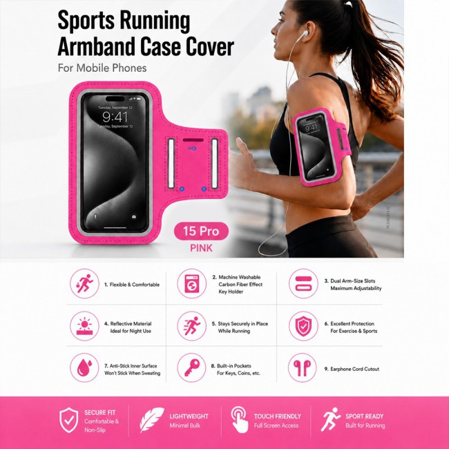 MARGOUN Ultra-Slim Sports Armband Compatible with iPhone 15 Pro  – Sweatproof Running Phone Holder, Exercise Case Pouch for Gym Training, Workouts and Outdoor Cycling - Pink