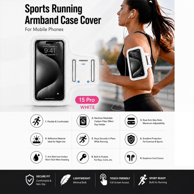 MARGOUN Ultra-Slim Sports Armband Compatible with iPhone 15 Pro  – Sweatproof Running Phone Holder, Exercise Case Pouch for Gym Training, Workouts and Outdoor Cycling - White