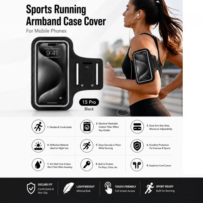 MARGOUN Ultra-Slim Sports Armband Compatible with iPhone 15 Pro  – Sweatproof Running Phone Holder, Exercise Case Pouch for Gym Training, Workouts and Outdoor Cycling - Black