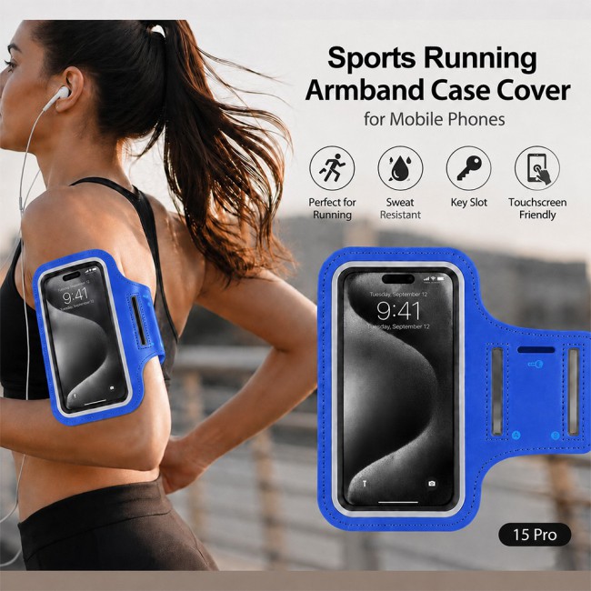 MARGOUN Ultra-Slim Sports Armband Compatible with iPhone 15 Pro  – Sweatproof Running Phone Holder, Exercise Case Pouch for Gym Training, Workouts and Outdoor Cycling - Blue