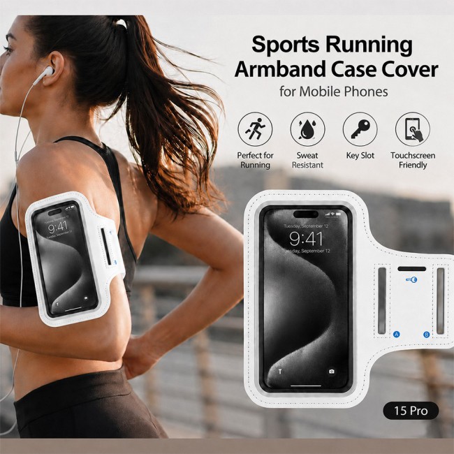 MARGOUN Ultra-Slim Sports Armband Compatible with iPhone 15 Pro  – Sweatproof Running Phone Holder, Exercise Case Pouch for Gym Training, Workouts and Outdoor Cycling - White