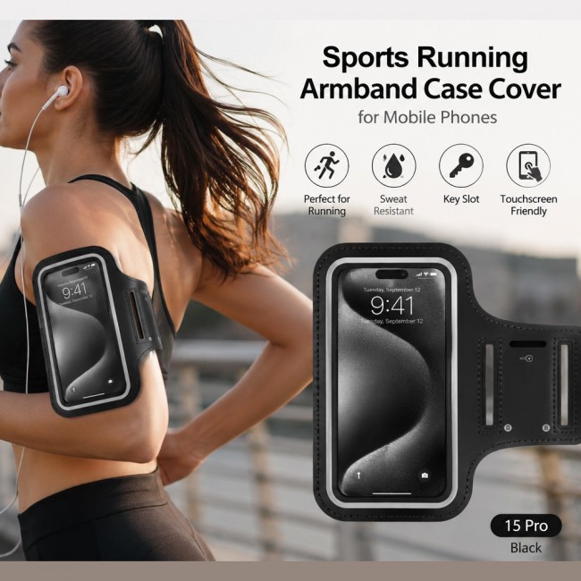 MARGOUN Ultra-Slim Sports Armband Compatible with iPhone 15 Pro  – Sweatproof Running Phone Holder, Exercise Case Pouch for Gym Training, Workouts and Outdoor Cycling - Black