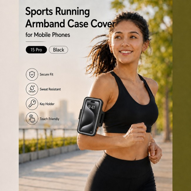 MARGOUN Ultra-Slim Sports Armband Compatible with iPhone 15 Pro  – Sweatproof Running Phone Holder, Exercise Case Pouch for Gym Training, Workouts and Outdoor Cycling - Black