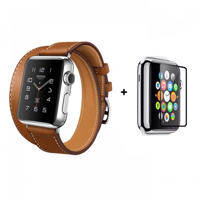 Apple Watch Band 42mm 44mm Double Wrap Replacement Strap with Glass Screen Protector – Brown