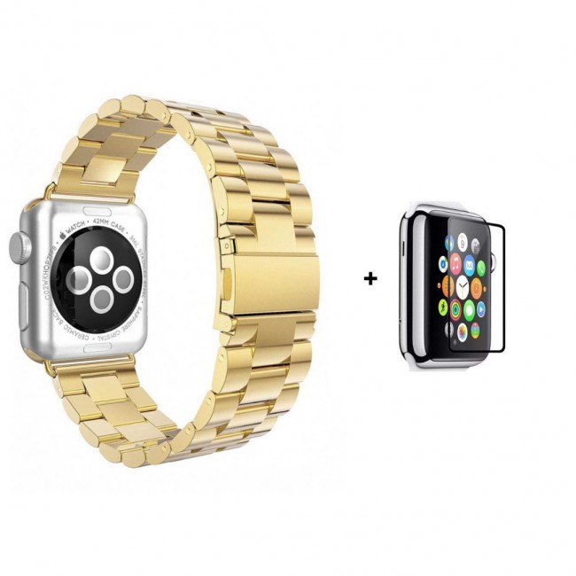 Margoun Stainless Steel Buckle Band Strap with Glass Screen Protector for Apple Watch – 42/44mm – Gold / Black / Grey / Rose Gold