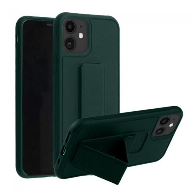 iPhone 12 - New Margoun Silicone Cover with 2 in 1 Finger Grip and Phone Stand - Dark Green