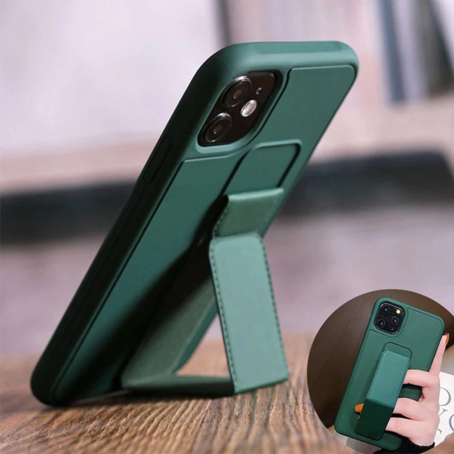 iPhone 12 - New Margoun Silicone Cover with 2 in 1 Finger Grip and Phone Stand - Dark Green