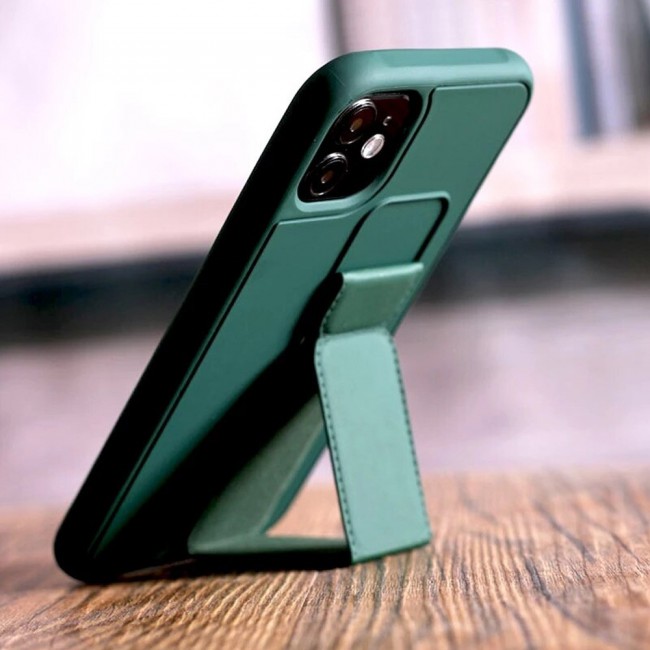 iPhone 12 - New Margoun Silicone Cover with 2 in 1 Finger Grip and Phone Stand - Dark Green