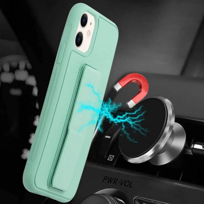 iPhone 12 - New Margoun Silicone Cover with 2 in 1 Finger Grip and Phone Stand - Mint Green