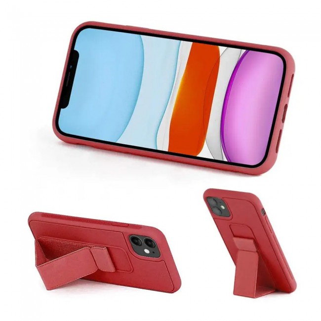 iPhone 12 - New Margoun Silicone Cover with 2 in 1 Finger Grip and Phone Stand - Red