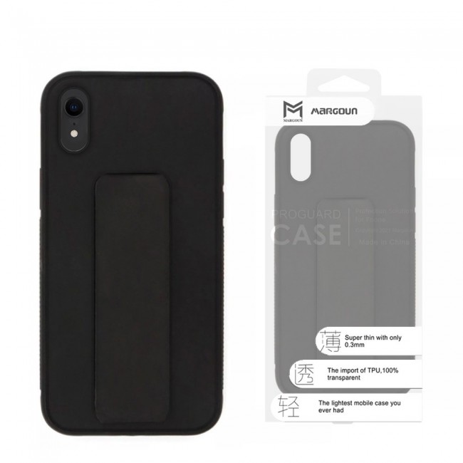 iPhone XR Silicone Cover with 2 in 1 Finger Grip Phone Stand Proguard Case by Margoun - Black
