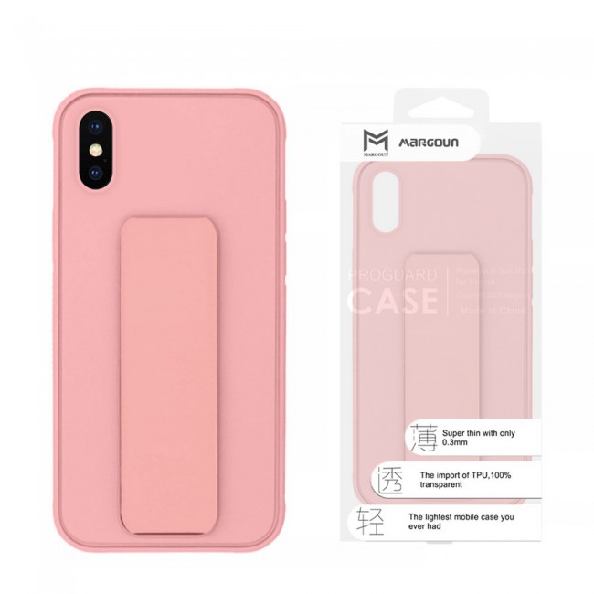iPhone XS Max Silicone Cover with 2 in 1 Finger Grip Phone Stand Proguard Case by Margoun - Pink