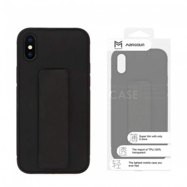 iPhone XS Silicone Cover with 2 in 1 Finger Grip Phone Stand Proguard Case by Margoun - Black