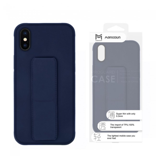 iPhone XS Silicone Cover with 2 in 1 Finger Grip Phone Stand Proguard Case by Margoun - Dark Blue