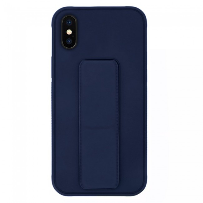 iPhone XS Silicone Cover with 2 in 1 Finger Grip Phone Stand Proguard Case by Margoun - Dark Blue