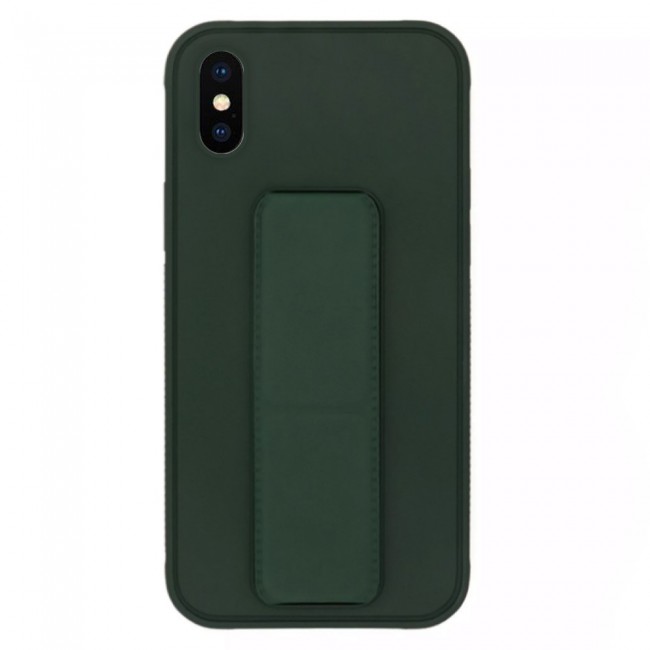 iPhone XS Silicone Cover with 2 in 1 Finger Grip Phone Stand Proguard Case by Margoun - Dark Green