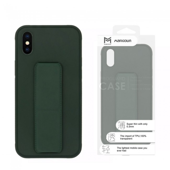 iPhone XS Silicone Cover with 2 in 1 Finger Grip Phone Stand Proguard Case by Margoun - Dark Green