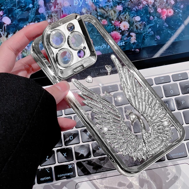 MARGOUN For iPhone 14 Pro Max Case Luxury Electroplate Diamond Angel Wings Glitter Clear Phone Cover (Silver, 14 Pro Max)