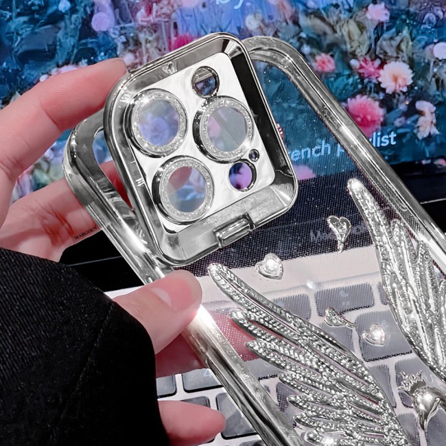 MARGOUN For iPhone 14 Pro Max Case Luxury Electroplate Diamond Angel Wings Glitter Clear Phone Cover (Silver, 14 Pro Max)